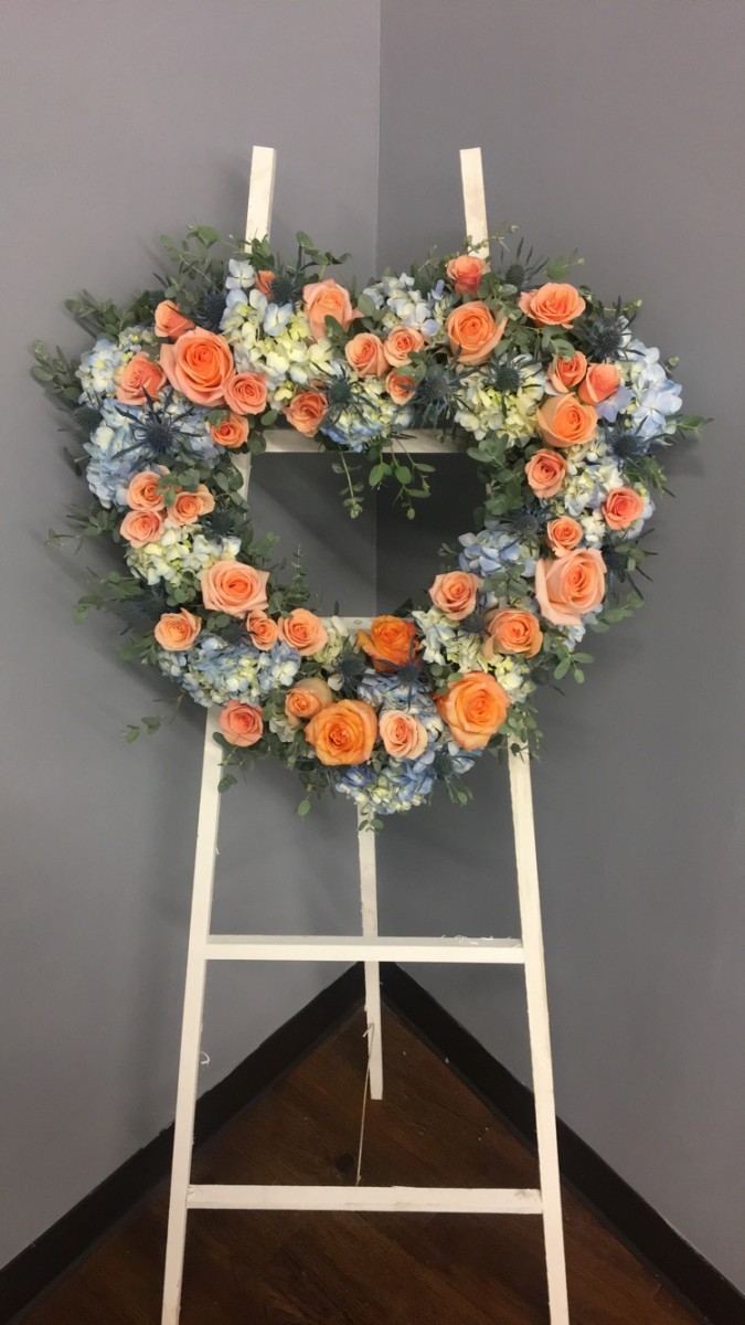 Lutz Peach And Blue Heart Standing Spray