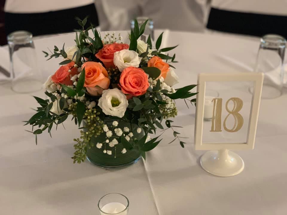 Coral & white centerpiece
